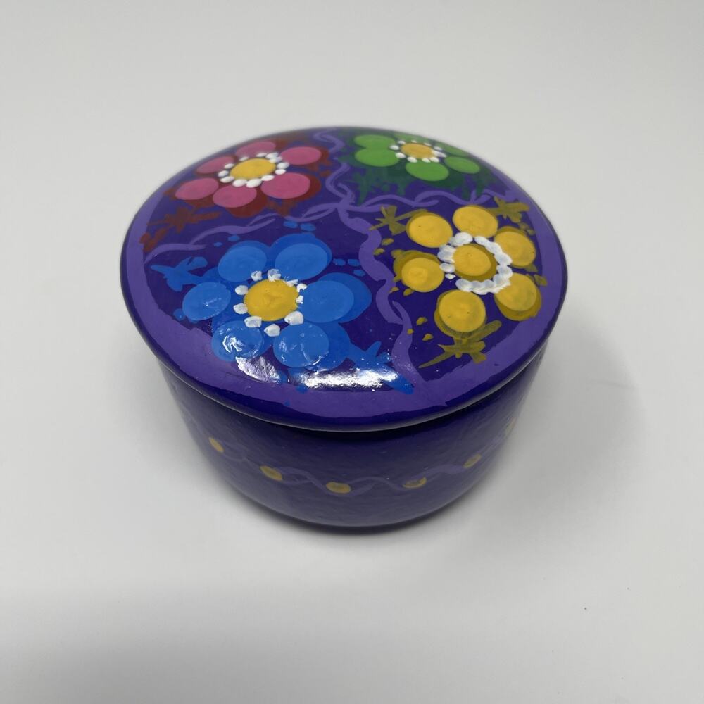 Talavera Mexican Pottery Trinket Box Vintage Hand Painted Round Purple Floral